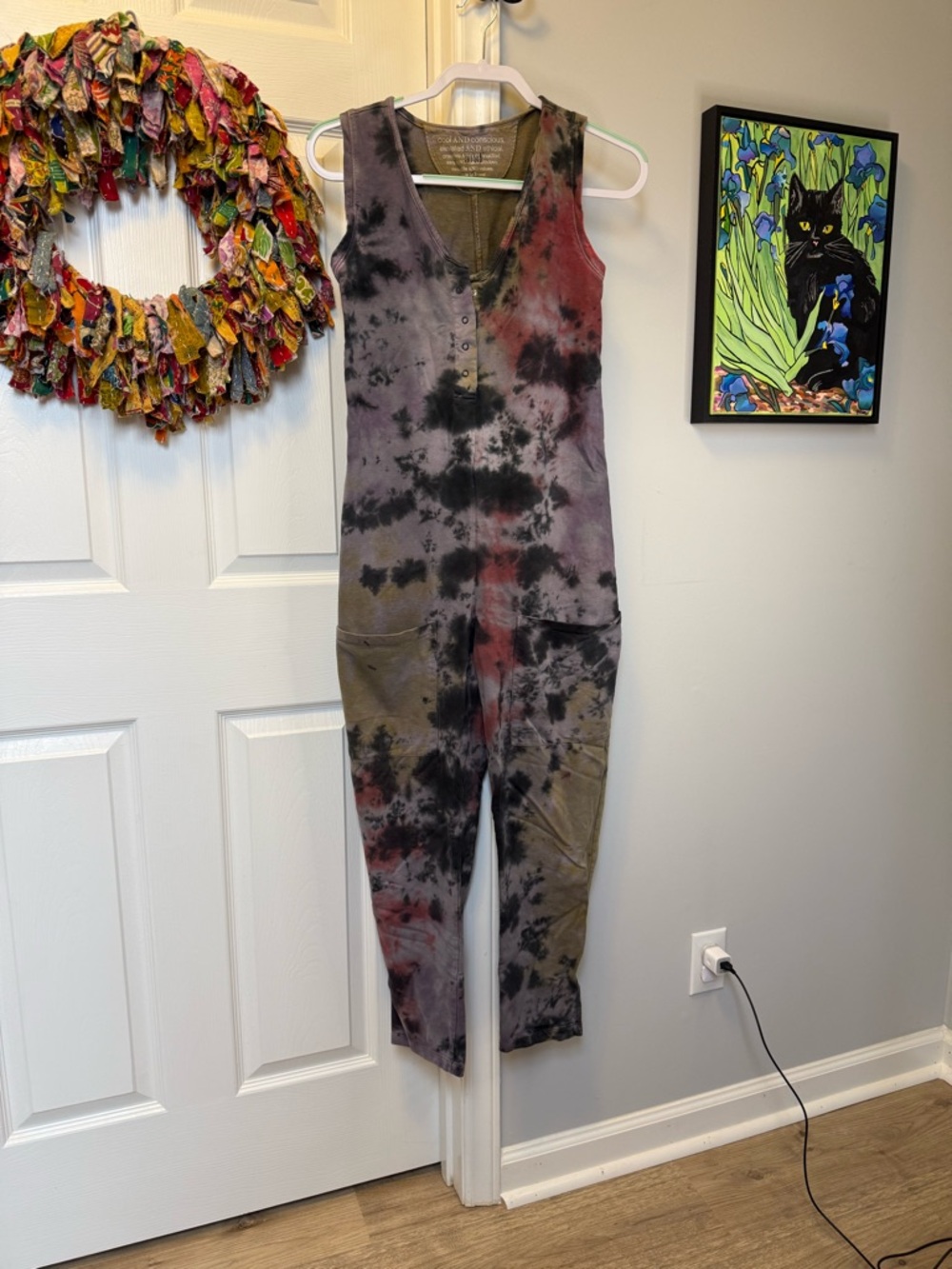 Organic Cotton Sleeveless Tie-Dye Jumpsuit in Purplish Gray, Black Green & Pink - Picture 8 of 10
